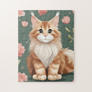 Puzzle Maine Coon Art con flores rosas