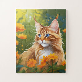 Puzzle Maine Coon Cat en el campo de las flores