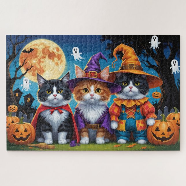 Puzzle Maine Coon Cats Calabaza Halloween Gracioso (Horizontal)