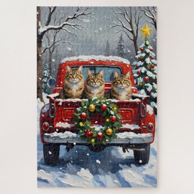 Puzzle Maine Coon Christmas Red Truck Holiday (Vertical)