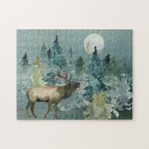 Puzzle Majestuoso alce en acuarela de bosque bajo luna ll