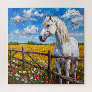 Puzzle Majestuoso caballo blanco junto a una valla rústic