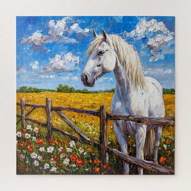 Puzzle Majestuoso caballo blanco junto a una valla rústic (Vertical)