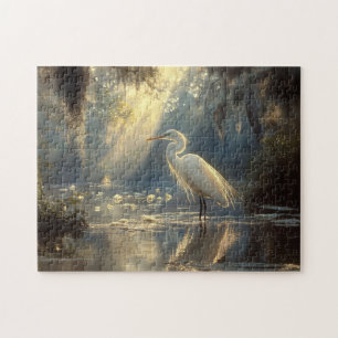 Puzzle Majestuoso Egret de pie en un sereno pantano con l