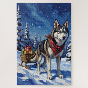 Puzzle Majestuoso Husky Siberiano Tirando Trineo de Navid