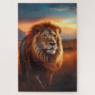 Puzzle Majestuoso León Africano en una Puesta de Sol del 