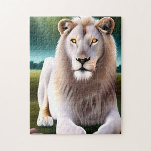 Puzzle Majestuoso León Blanco Ojos Dorados Arte Etéreo