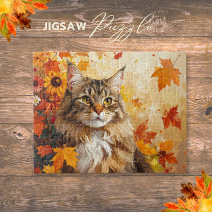 Puzzle Majestuoso Maine Coon con hojas de otoño y girasol