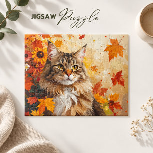 Puzzle Majestuoso Maine Coon con hojas de otoño y girasol