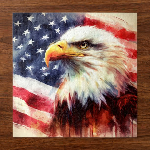 Puzzle Majestuoso retrato de águila calva con bandera ame