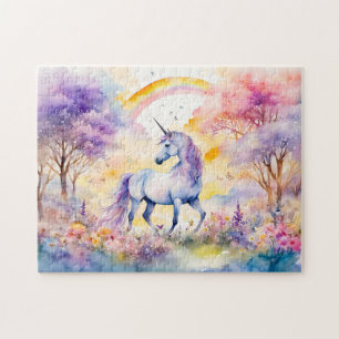 Puzzle Majestuoso Unicornio de Acuarela Bajo Flor de Cere