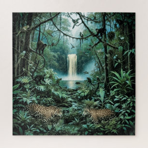 Puzzle Majestuosos jaguares en el exuberante follaje verd