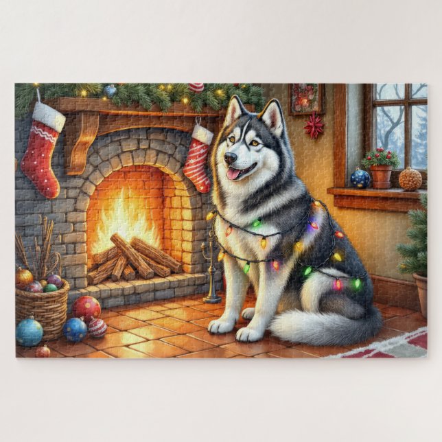 Puzzle Malamute de Alaska Chimenea con Luces de Navidad (Horizontal)
