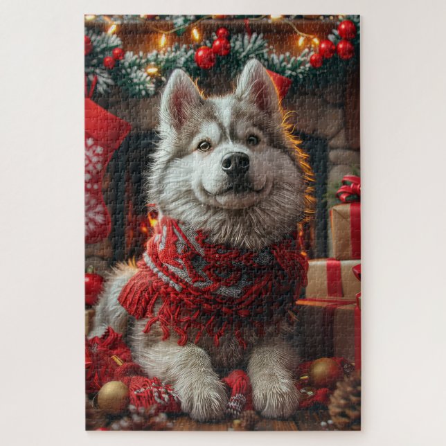 Puzzle Malamute de Alaska con chimenea de regalos para Na (Vertical)