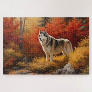 Puzzle Malamute de Alaska  en Otoño Hojas Caídas Inspirad