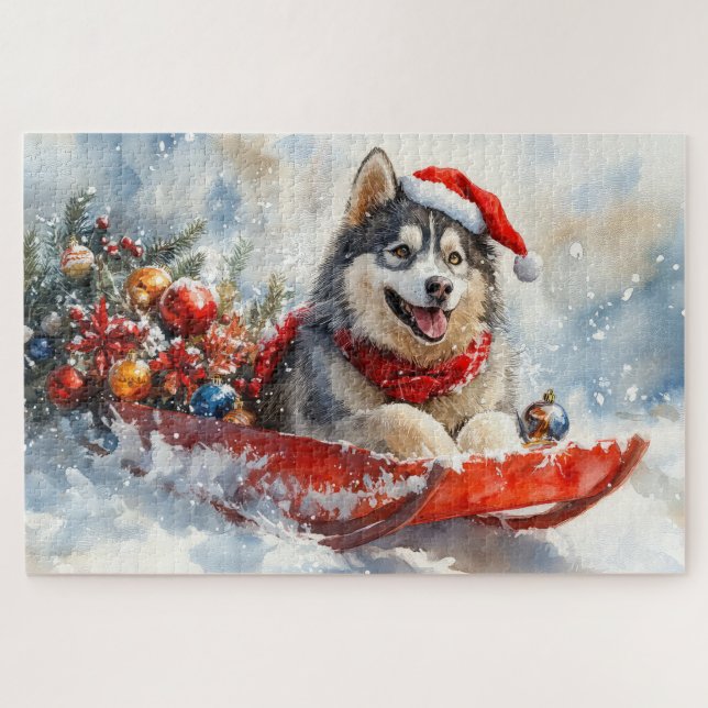 Puzzle Malamute de Alaska en Trineo Deja que nieve Navida (Horizontal)