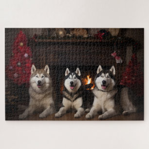 Puzzle Malamute de Alaska junto a la chimenea en Navidad