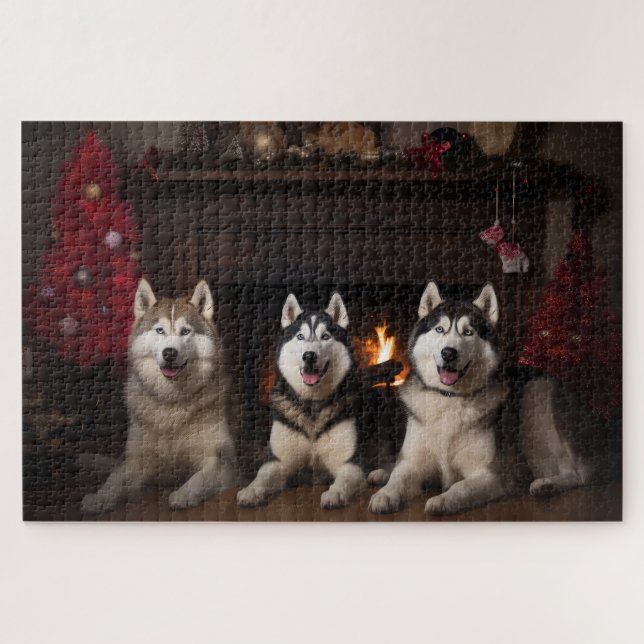 Puzzle Malamute de Alaska junto a la chimenea en Navidad (Horizontal)