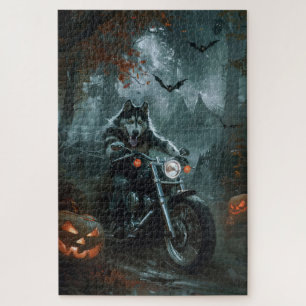 Puzzle Malamute de Alaska montando motocicleta Halloween 