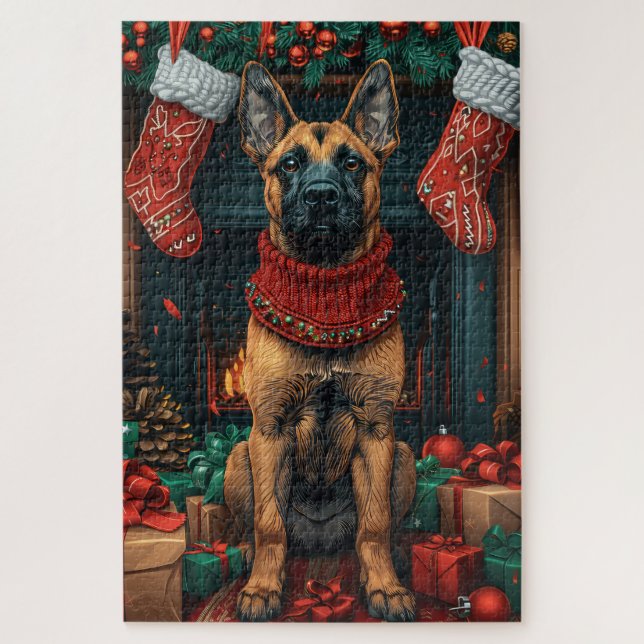 Puzzle Malinois Belga Con Regalos De Navidad Chimenea  (Vertical)