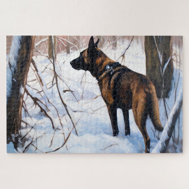 Puzzle Malinois belga deja que neven a Navidades (Horizontal)