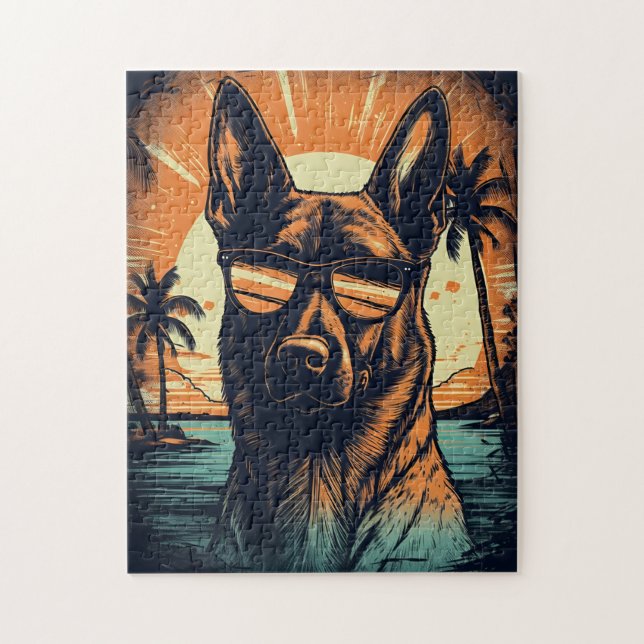 Puzzle Malinois belga en una playa tropical al atardecer (Vertical)