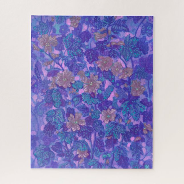 Puzzle Mallow Bloom, Malva Flowers Floral Painting Purple (Vertical)