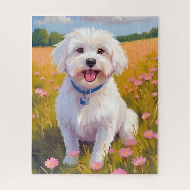 Puzzle Maltese Dog Flower Field Painting (Vertical)