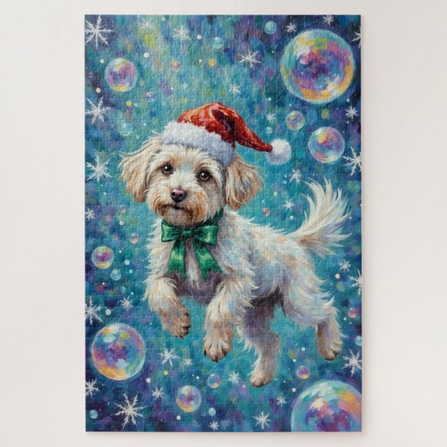 Puzzle Maltese Floating in Iridescent Christmas Bubbles (Vertical)