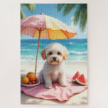 Puzzle Maltipoo Beach Relax Scene<br><div class="desc">A fluffy Maltipoo enjoying a calm beach setting with fresh fruits and soft ocean views. The painterly style creates a light and cheerful coastal vibe.</div>