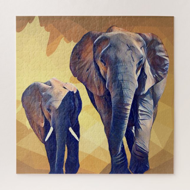 Puzzle Mamá y bebé elefante en otoño (Vertical)