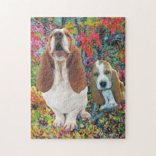 Puzzle Mamá y perrito de Basset Hound en otoño