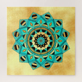 Puzzle Mandala Azul Dorado Negro sobre Fondo Dorado Suave
