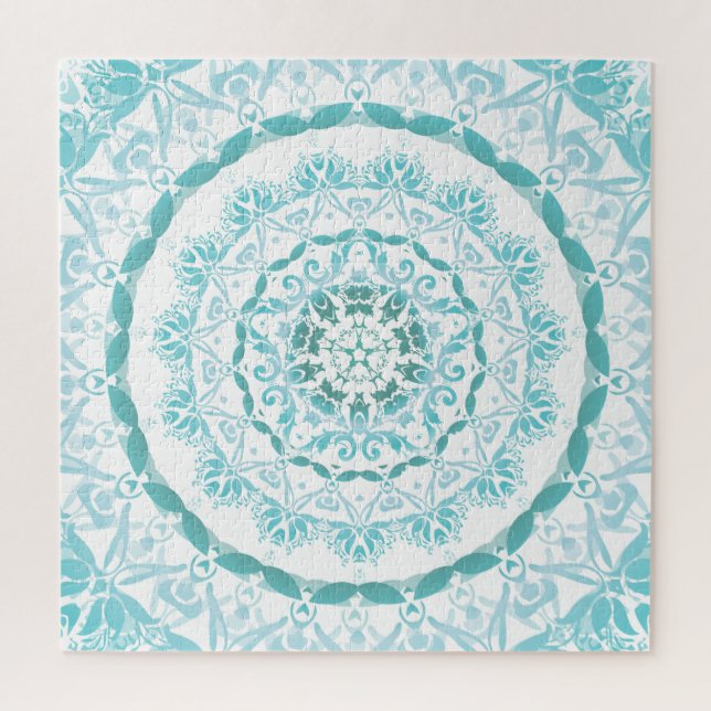 Puzzle Mandala de damasco blanco turquesa (Vertical)
