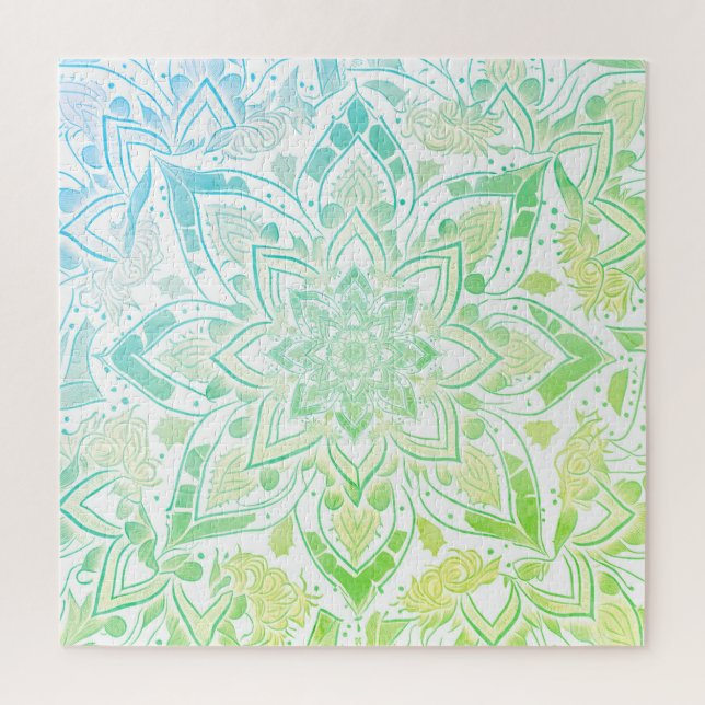 Puzzle Mandala en Aqua Blue & Lime Green (Vertical)