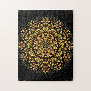 Puzzle Mandala negra floral del oro