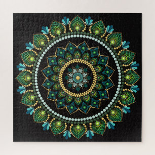 Puzzle Mandala verde   Pintado a mano   Geometría sagrada