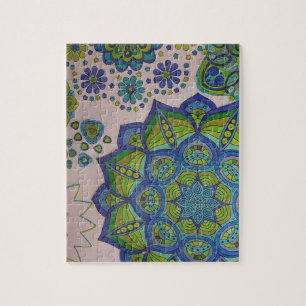 Puzzle Mandala y flores en aguamarina, azules y verdes