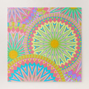Puzzle Mandalas superpuestos rosa azul amarillo menta púr