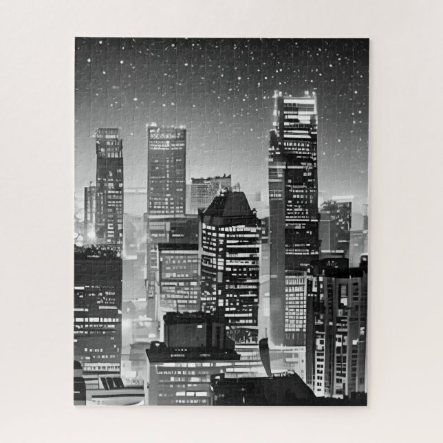 Puzzle Manhattan Under the Stars in Black and White (Vertical)