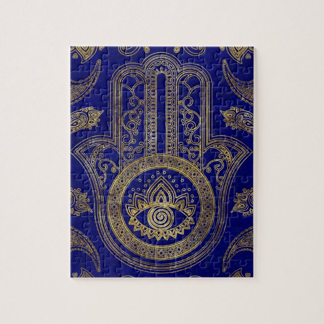 Puzzle Mano de Hamsa - oro en lapislázuli (Vertical)