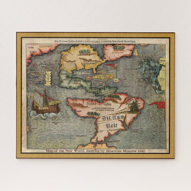 Puzzle Map of the New World, America by Sebastian Munster (Horizontal)