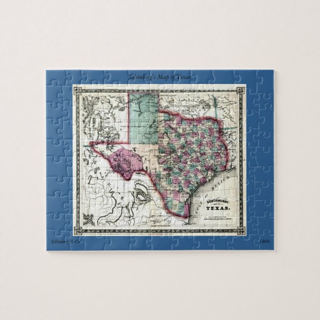 Puzzle Mapa Antiguo de Texas de 1866 por Schönberg & Co. (Horizontal)