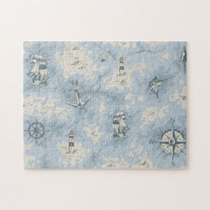 Puzzle Mapa blanco azul con temática náutica nostálgica