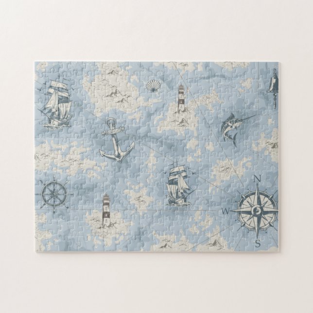 Puzzle Mapa blanco azul con temática náutica nostálgica (Horizontal)