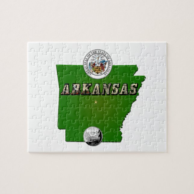 Puzzle Mapa de Arkansas, Sello y Barrio Faux Estatal (Horizontal)