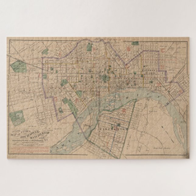 Puzzle Mapa de época de Richmond Virginia (1876) (Horizontal)