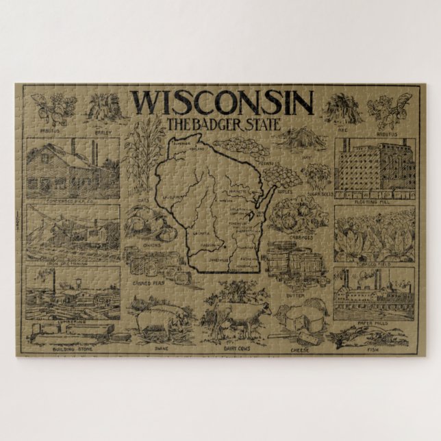 Puzzle Mapa de época de Wisconsin (1912) - Tan (Horizontal)