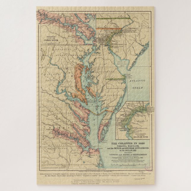 Puzzle Mapa de las colonias de Virginia y Maryland (1905) (Vertical)