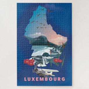 Puzzle Mapa de Luxemburgo ilustra afiche de viajes.